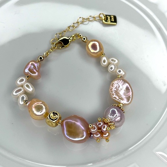 Handmade High Quality Freshwater Pearl Necklace Metallic champagne Pink Bracelet - Picture 2 of 3